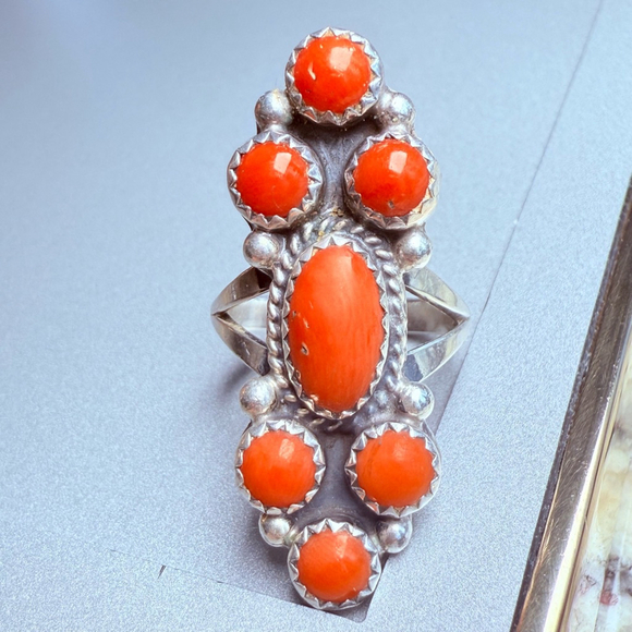 Native American Navajo Melvin Thompson Mediterranean Coral Sterling Silver Ring